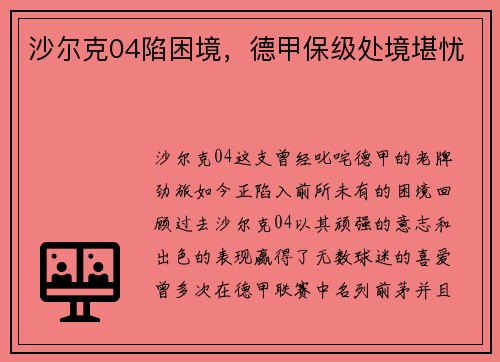 沙尔克04陷困境，德甲保级处境堪忧